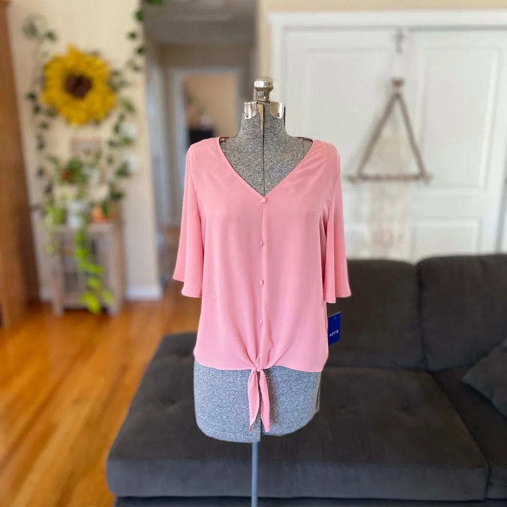 Lpink light button down, front tie, short sleeve blouse - Picture 3 of 7